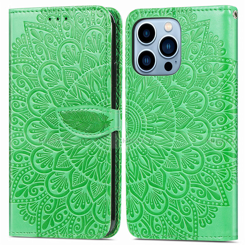 Coque Portefeuille Motif Fantaisie Livre Cuir Etui Clapet H13 pour Apple iPhone 13 Pro Vert Plus