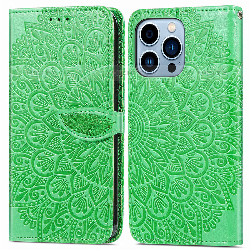 Coque Portefeuille Motif Fantaisie Livre Cuir Etui Clapet H13 pour Apple iPhone 16 Pro Vert Plus