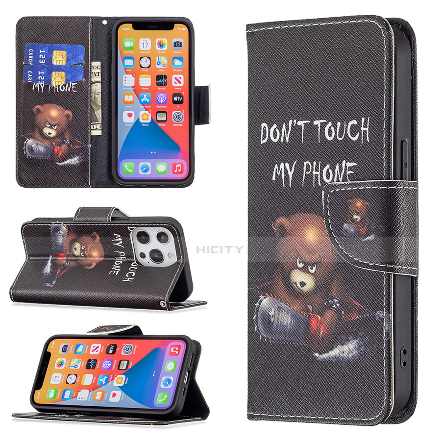 Coque Portefeuille Motif Fantaisie Livre Cuir Etui Clapet L01 pour Apple iPhone 13 Pro Max Noir Plus