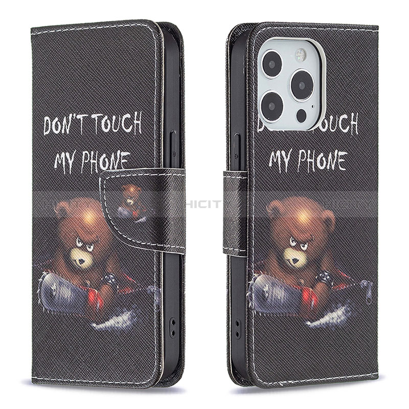 Coque Portefeuille Motif Fantaisie Livre Cuir Etui Clapet L01 pour Apple iPhone 14 Pro Noir Plus