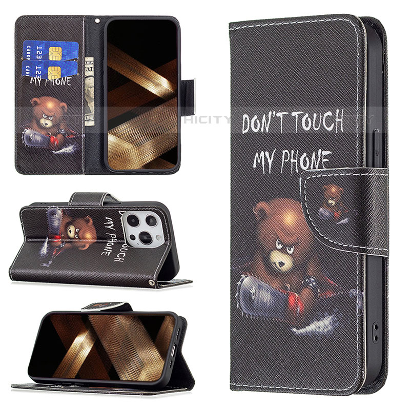 Coque Portefeuille Motif Fantaisie Livre Cuir Etui Clapet L01 pour Apple iPhone 15 Pro Noir Plus