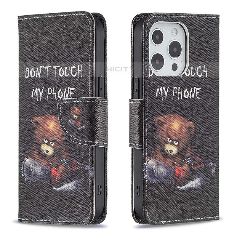 Coque Portefeuille Motif Fantaisie Livre Cuir Etui Clapet L01 pour Apple iPhone 15 Pro Noir Plus