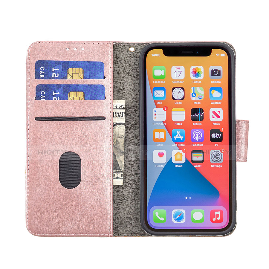 Coque Portefeuille Motif Fantaisie Livre Cuir Etui Clapet L05 pour Apple iPhone 13 Pro Max Or Rose Plus