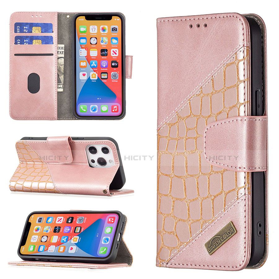 Coque Portefeuille Motif Fantaisie Livre Cuir Etui Clapet L05 pour Apple iPhone 13 Pro Or Rose Plus