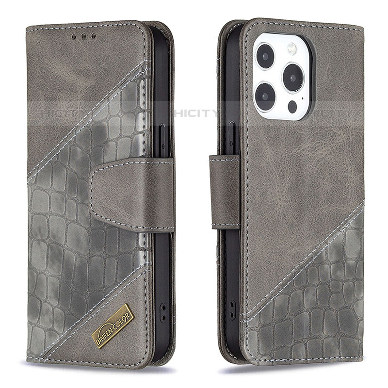 Coque Portefeuille Motif Fantaisie Livre Cuir Etui Clapet L05 pour Apple iPhone 15 Pro Gris Plus