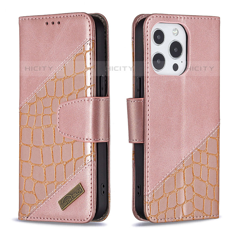 Coque Portefeuille Motif Fantaisie Livre Cuir Etui Clapet L05 pour Apple iPhone 15 Pro Or Rose Plus