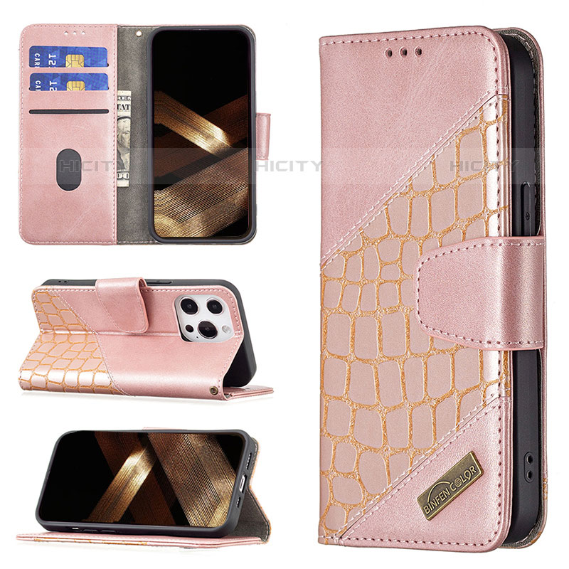 Coque Portefeuille Motif Fantaisie Livre Cuir Etui Clapet L05 pour Apple iPhone 15 Pro Or Rose Plus