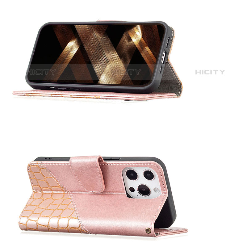 Coque Portefeuille Motif Fantaisie Livre Cuir Etui Clapet L05 pour Apple iPhone 15 Pro Or Rose Plus