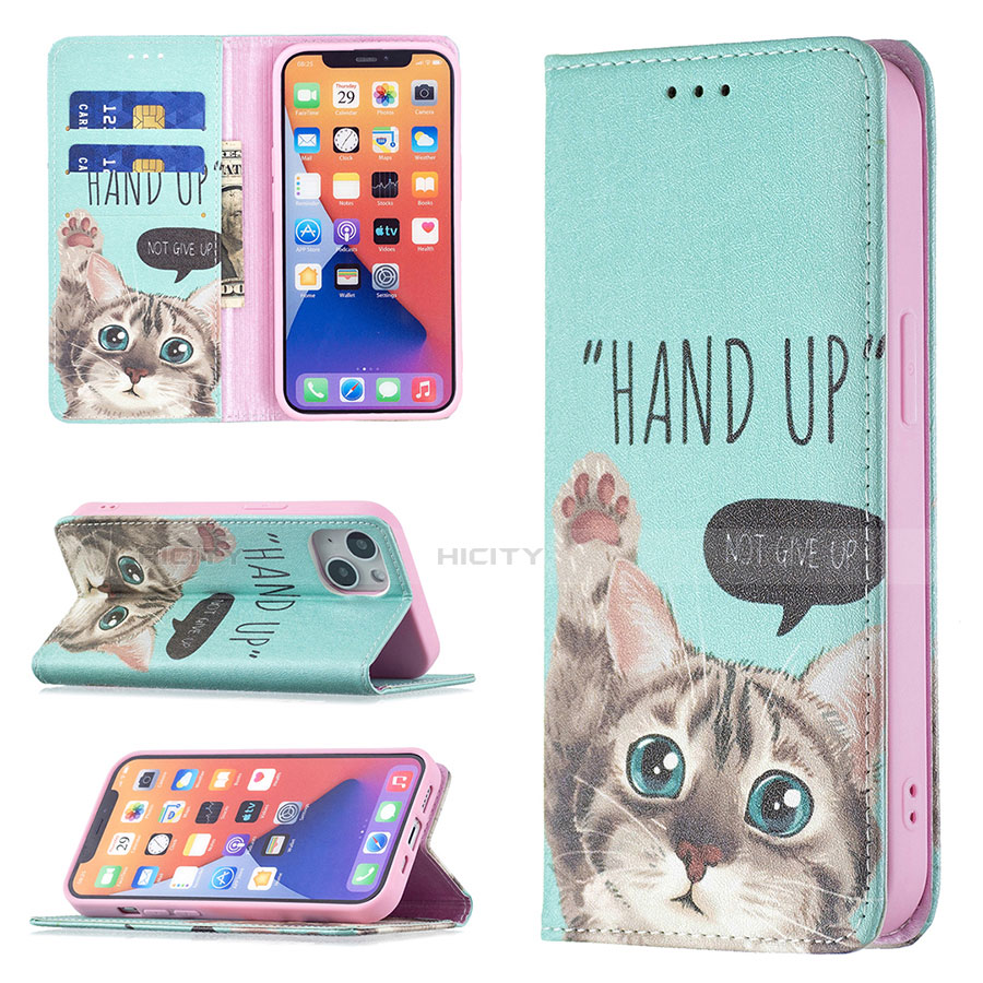 Coque Portefeuille Motif Fantaisie Livre Cuir Etui Clapet pour Apple iPhone 13 Mini Cyan Plus