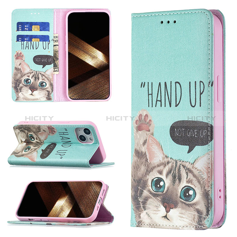 Coque Portefeuille Motif Fantaisie Livre Cuir Etui Clapet pour Apple iPhone 15 Cyan Plus