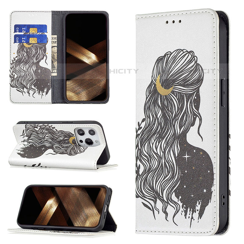 Coque Portefeuille Motif Fantaisie Livre Cuir Etui Clapet pour Apple iPhone 15 Pro Gris Plus