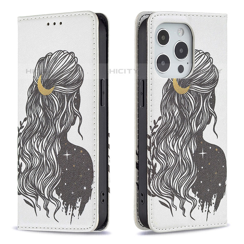 Coque Portefeuille Motif Fantaisie Livre Cuir Etui Clapet pour Apple iPhone 15 Pro Max Gris Plus