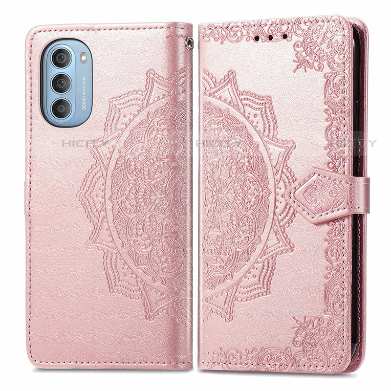 Coque Portefeuille Motif Fantaisie Livre Cuir Etui Clapet pour Motorola Moto G51 5G Or Rose Plus