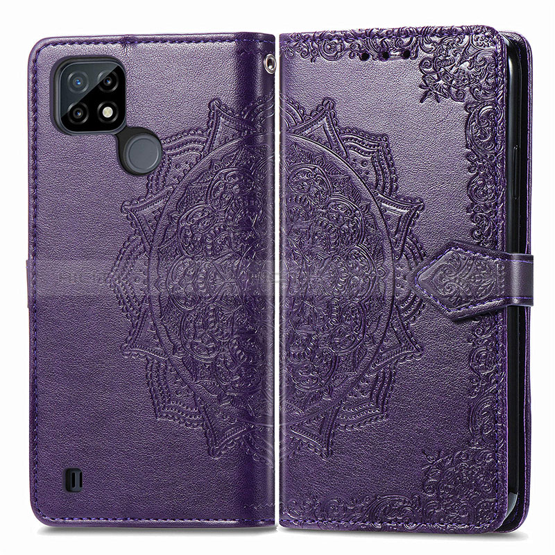 Coque Portefeuille Motif Fantaisie Livre Cuir Etui Clapet pour Realme C21Y Violet Plus