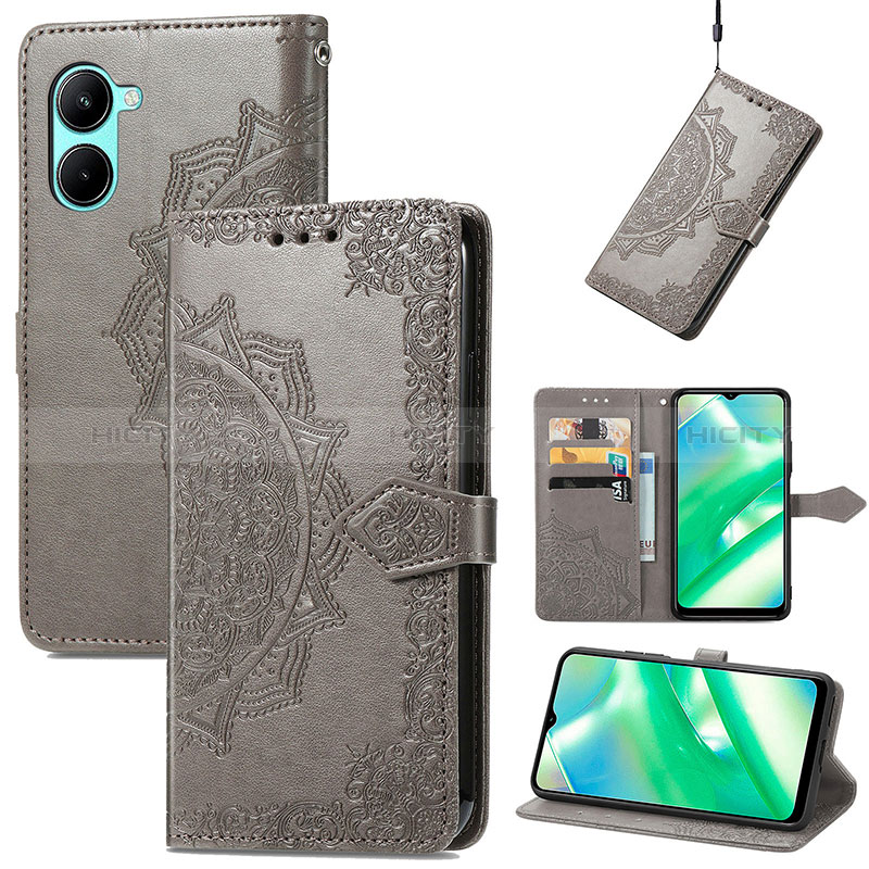 Coque Portefeuille Motif Fantaisie Livre Cuir Etui Clapet pour Realme C33 (2023) Gris Plus