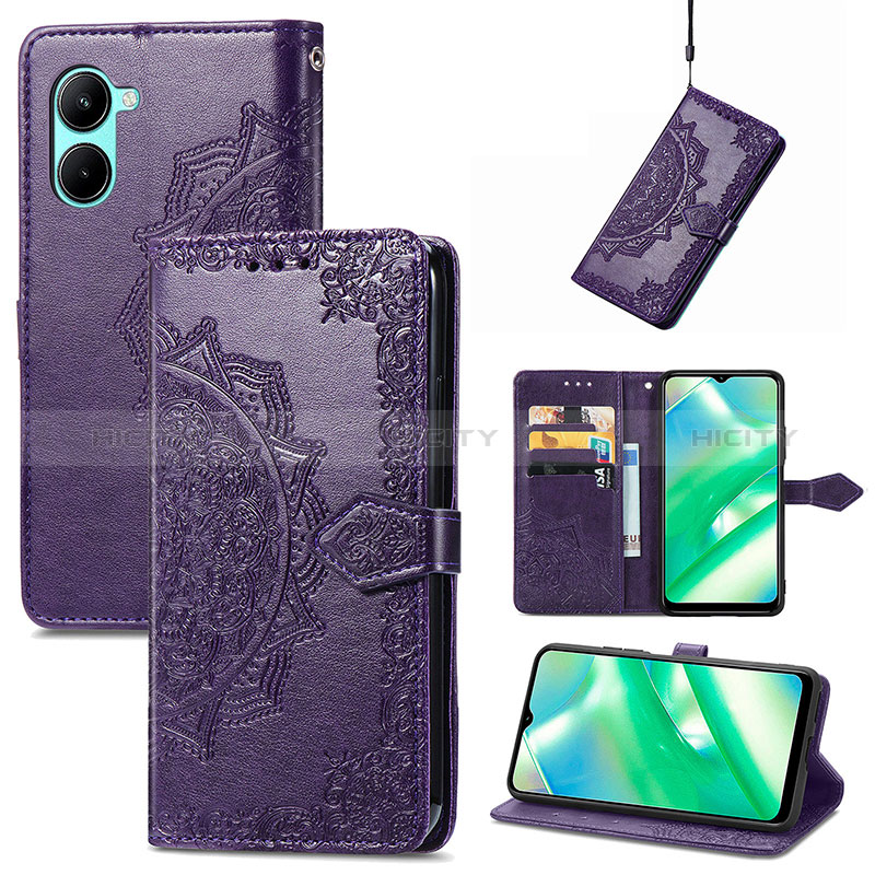 Coque Portefeuille Motif Fantaisie Livre Cuir Etui Clapet pour Realme C33 Violet Plus