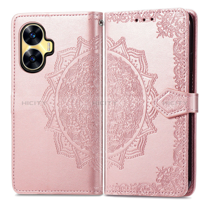 Coque Portefeuille Motif Fantaisie Livre Cuir Etui Clapet pour Realme C55 Or Rose Plus