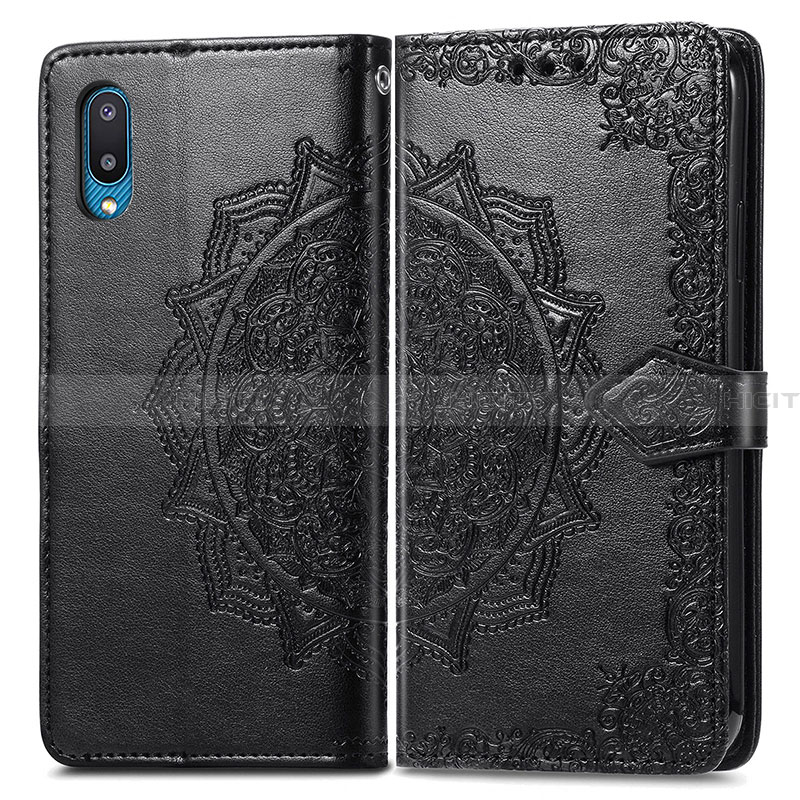 Coque Portefeuille Motif Fantaisie Livre Cuir Etui Clapet pour Samsung Galaxy A02 Noir Plus