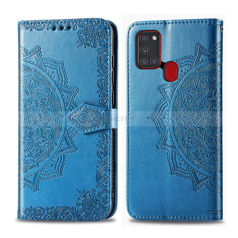 Coque Portefeuille Motif Fantaisie Livre Cuir Etui Clapet pour Samsung Galaxy A21s Bleu Plus