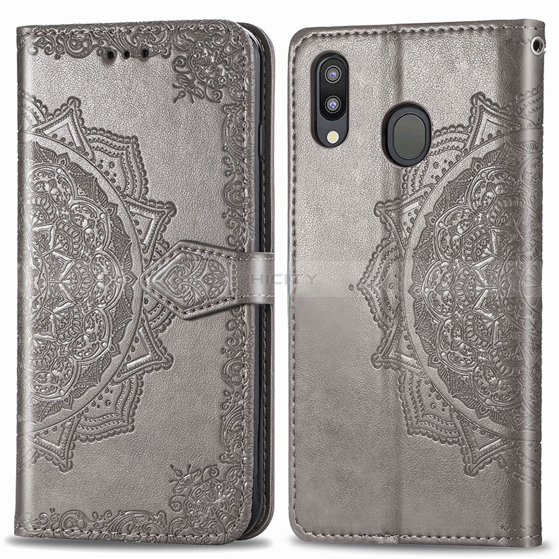 Coque Portefeuille Motif Fantaisie Livre Cuir Etui Clapet pour Samsung Galaxy M20 Gris Plus