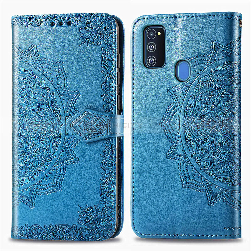 Coque Portefeuille Motif Fantaisie Livre Cuir Etui Clapet pour Samsung Galaxy M21 Bleu Plus