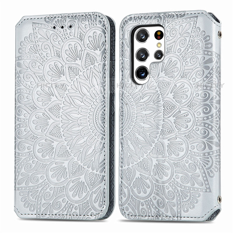 Coque Portefeuille Motif Fantaisie Livre Cuir Etui Clapet pour Samsung Galaxy S22 Ultra 5G Gris Plus