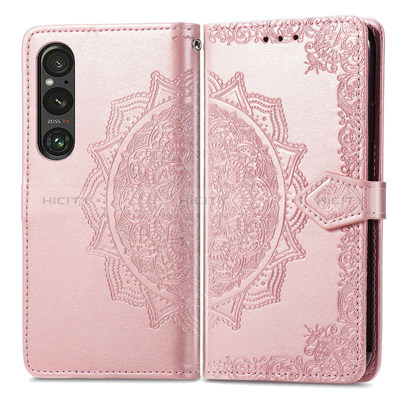 Coque Portefeuille Motif Fantaisie Livre Cuir Etui Clapet pour Sony Xperia 1 V Or Rose Plus