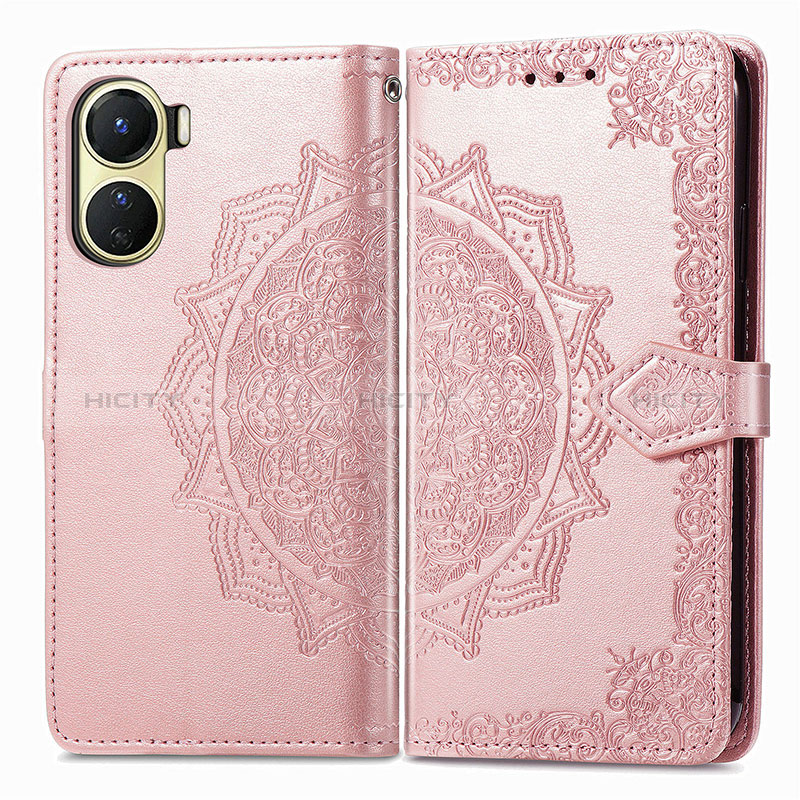 Coque Portefeuille Motif Fantaisie Livre Cuir Etui Clapet pour Vivo Y16 Or Rose Plus