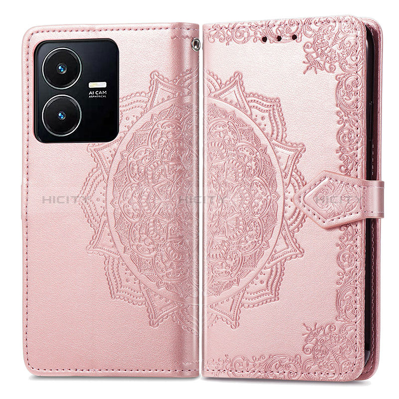 Coque Portefeuille Motif Fantaisie Livre Cuir Etui Clapet pour Vivo Y22 Or Rose Plus