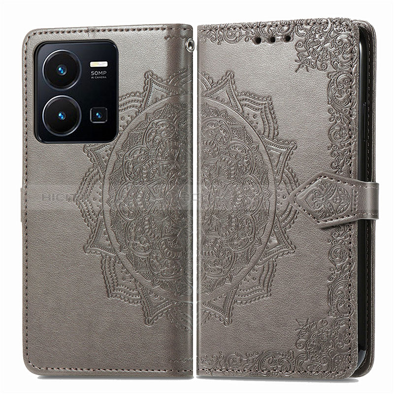 Coque Portefeuille Motif Fantaisie Livre Cuir Etui Clapet pour Vivo Y35 4G Gris Plus