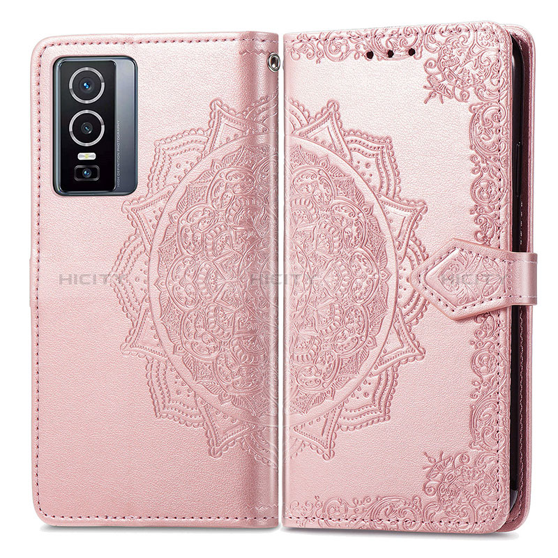 Coque Portefeuille Motif Fantaisie Livre Cuir Etui Clapet pour Vivo Y76 5G Or Rose Plus