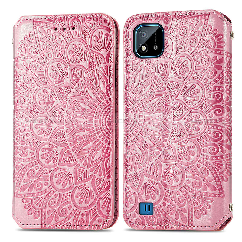 Coque Portefeuille Motif Fantaisie Livre Cuir Etui Clapet S01D pour Realme C20A Or Rose Plus