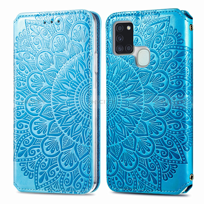 Coque Portefeuille Motif Fantaisie Livre Cuir Etui Clapet S01D pour Samsung Galaxy A21s Bleu Plus