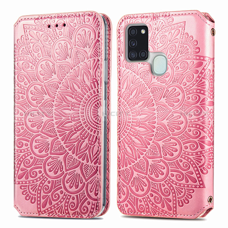 Coque Portefeuille Motif Fantaisie Livre Cuir Etui Clapet S01D pour Samsung Galaxy A21s Or Rose Plus