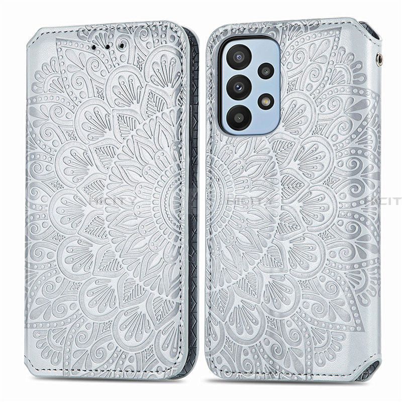 Coque Portefeuille Motif Fantaisie Livre Cuir Etui Clapet S01D pour Samsung Galaxy A23 4G Argent Plus