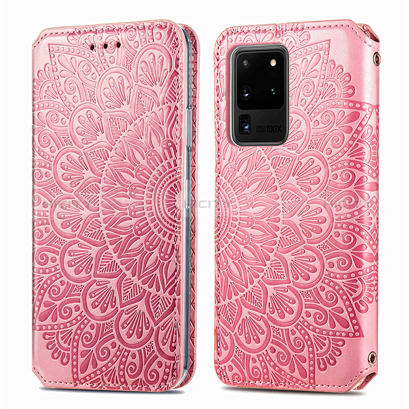 Coque Portefeuille Motif Fantaisie Livre Cuir Etui Clapet S01D pour Samsung Galaxy S20 Ultra 5G Or Rose Plus