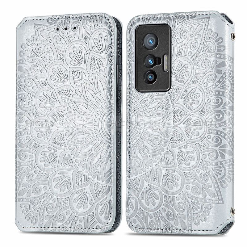 Coque Portefeuille Motif Fantaisie Livre Cuir Etui Clapet S01D pour Vivo X70 5G Argent Plus