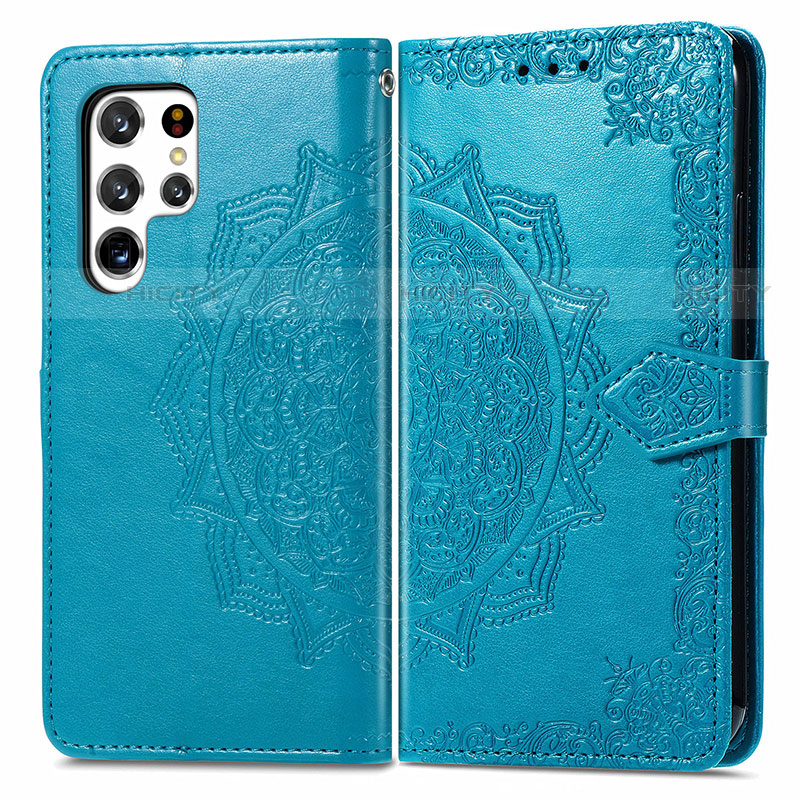 Coque Portefeuille Motif Fantaisie Livre Cuir Etui Clapet S02D pour Samsung Galaxy S22 Ultra 5G Bleu Plus