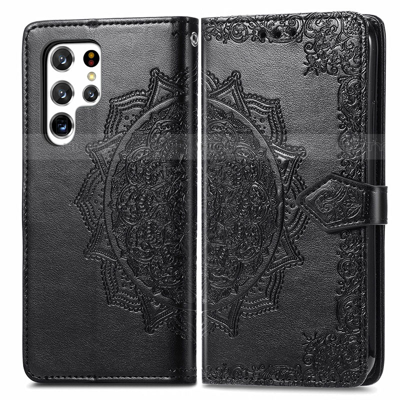 Coque Portefeuille Motif Fantaisie Livre Cuir Etui Clapet S02D pour Samsung Galaxy S22 Ultra 5G Noir Plus