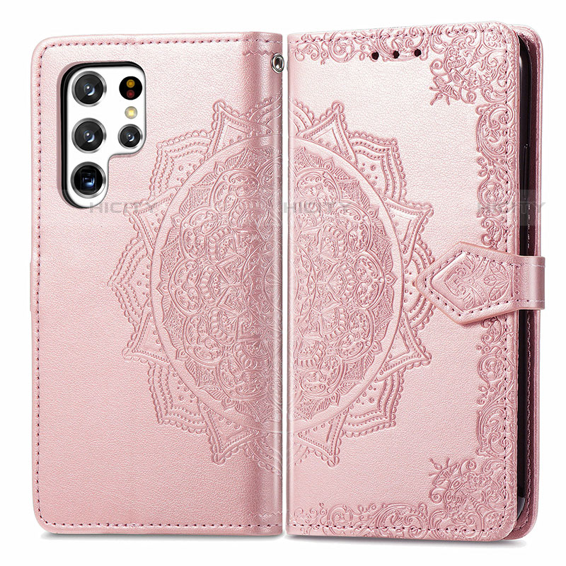 Coque Portefeuille Motif Fantaisie Livre Cuir Etui Clapet S02D pour Samsung Galaxy S22 Ultra 5G Or Rose Plus