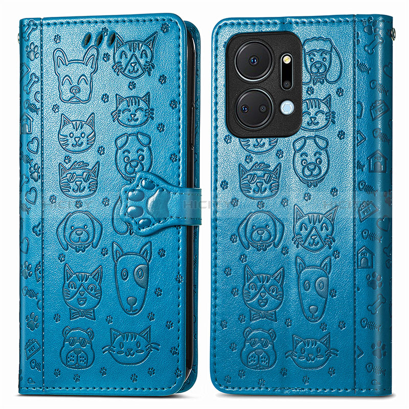 Coque Portefeuille Motif Fantaisie Livre Cuir Etui Clapet S03D pour Huawei Honor X7a Bleu Plus