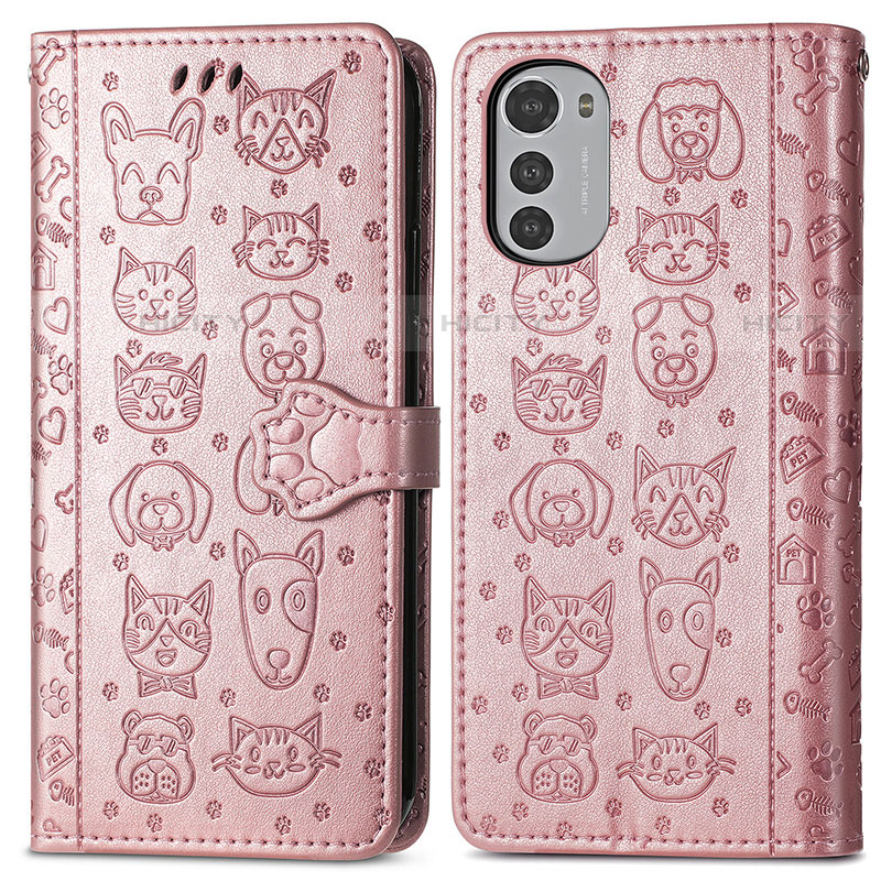 Coque Portefeuille Motif Fantaisie Livre Cuir Etui Clapet S03D pour Motorola Moto E32 Or Rose Plus