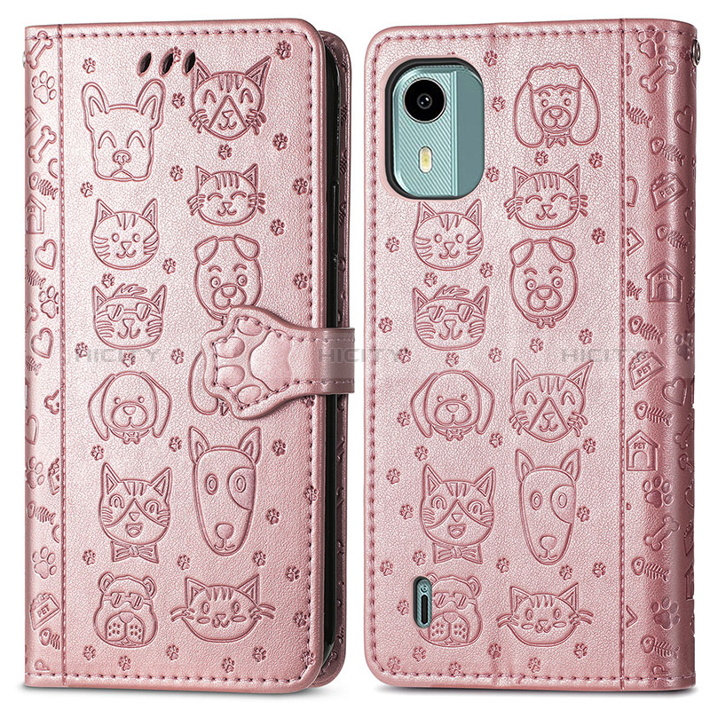 Coque Portefeuille Motif Fantaisie Livre Cuir Etui Clapet S03D pour Nokia C12 Pro Or Rose Plus