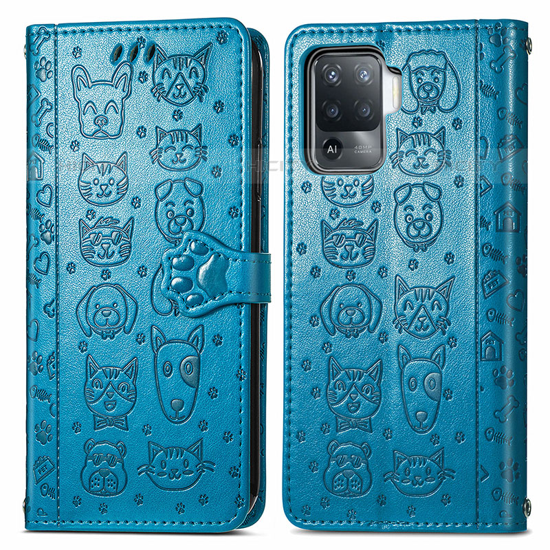 Coque Portefeuille Motif Fantaisie Livre Cuir Etui Clapet S03D pour Oppo Reno5 F Bleu Plus