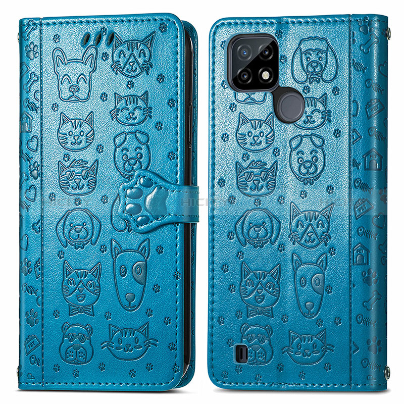 Coque Portefeuille Motif Fantaisie Livre Cuir Etui Clapet S03D pour Realme C21 Bleu Plus