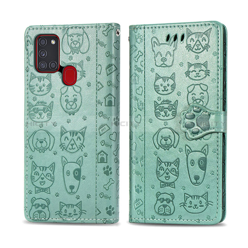 Coque Portefeuille Motif Fantaisie Livre Cuir Etui Clapet S03D pour Samsung Galaxy A21s Vert Plus