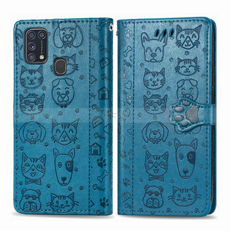 Coque Portefeuille Motif Fantaisie Livre Cuir Etui Clapet S03D pour Samsung Galaxy M21s Bleu Plus