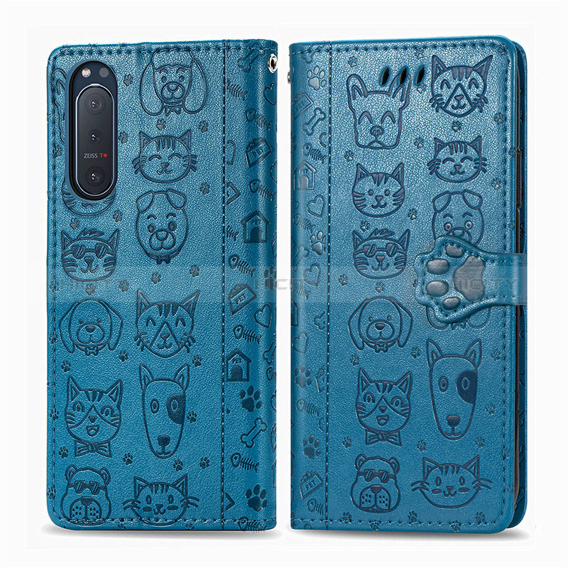 Coque Portefeuille Motif Fantaisie Livre Cuir Etui Clapet S03D pour Sony Xperia 5 II Bleu Plus