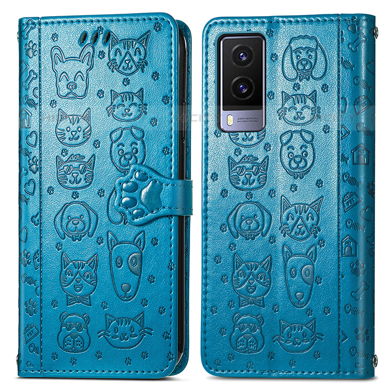 Coque Portefeuille Motif Fantaisie Livre Cuir Etui Clapet S03D pour Vivo V21e 5G Bleu Plus