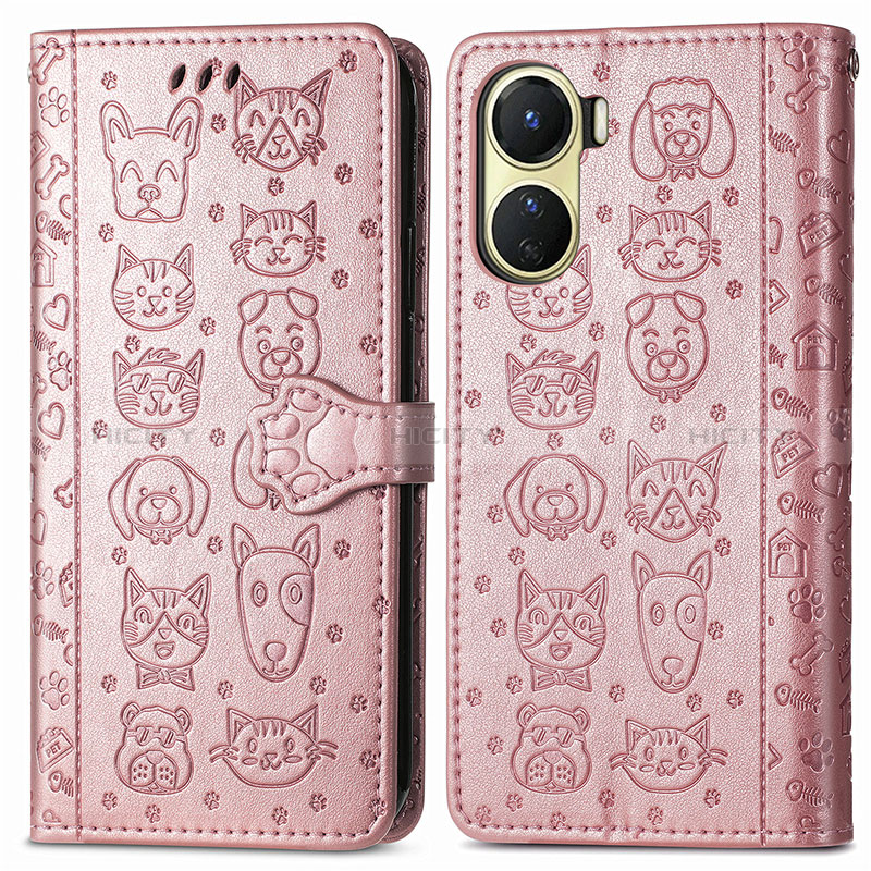 Coque Portefeuille Motif Fantaisie Livre Cuir Etui Clapet S03D pour Vivo Y02S Or Rose Plus